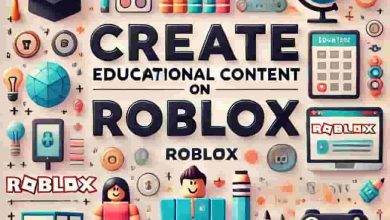 Colorful featured image with the text 'Create Educational Content on Roblox' and icons of books, pencils, game controllers, and Roblox characters in the background.