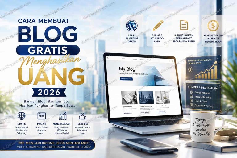Cara membuat blog gratis menghasilkan uang 2026 dengan laptop menampilkan tampilan blog dan ikon sumber penghasilan seperti Google AdSense, Affiliate Marketing, dan Sponsored Content