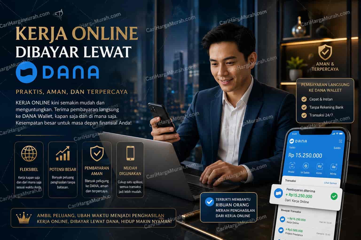 Pria bekerja online dengan laptop dan HP, menerima pembayaran kerja online langsung ke DANA Wallet