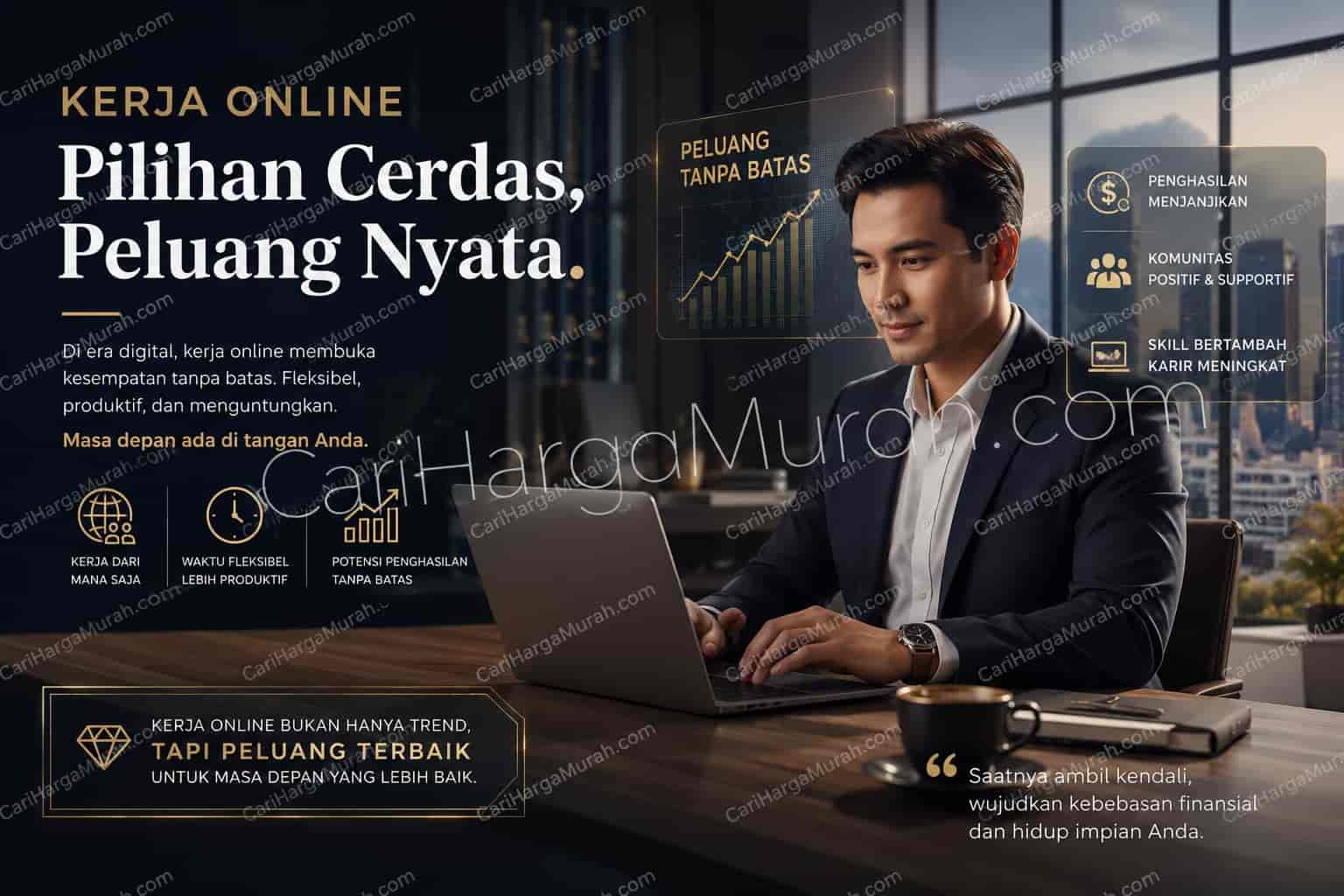 Pria profesional bekerja dengan laptop sebagai ilustrasi aplikasi kerja online terpercaya yang fleksibel dan menghasilkan